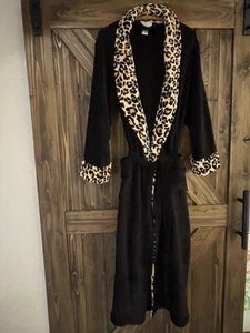 Super Soft Catalog Favorites Black w/ Leopard Accent Bath Robe Womans Large - Picture 1 of 4