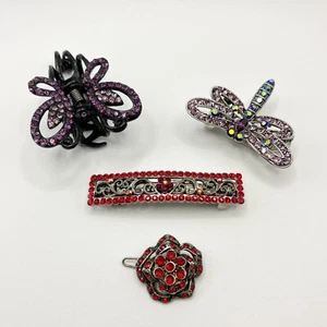 Vtg to Now Hair Barrettes Clip Claw Rhinestone Butterfly Dragonfly Flower Retro - Picture 1 of 9