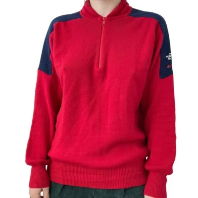Vintage 1970 The North Face Red Navy Blue 100% Wool Ski Quarter Zip Sweater Sz L - Image 1 of 4