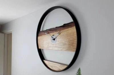 Solid Oak Wall Clock with black steel ring from a bass drum, Large, rustic,... - Image 1 of 4