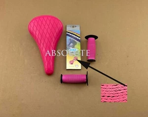 PINK DIAMOND STITCHED BMX BIKE SADDLE W/ BMX KMC CHAIN &MUSHROOM STYLE GRIPS. - Picture 1 of 3