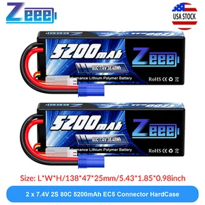 2x Zeee 7.4V 80C 5200mAh 2S LiPo Battery EC5 for 1/8 1/10 RC Car Truck Boat Heli - Picture 1 of 6