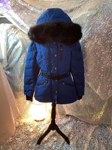 Cappotto donna Michael Kors blu fiume e nero con cintura grande con cappuccio nuovo con etichetta
