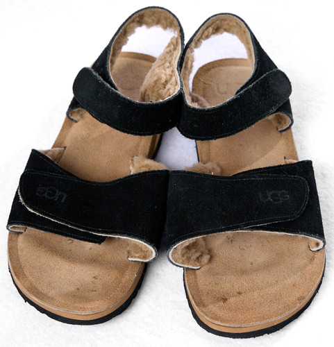 Sandali vintage UGG NERI scamosciati foderati in shearling cinturino regolabile uomo 10 M