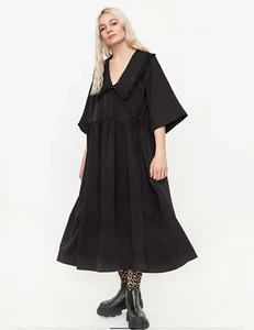 GANNI Black Ruffle Collar Oversize Wrap Midi Dress sz L/XL 14 16 RRP $565 [ap - Picture 1 of 9