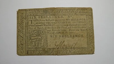 1777 Six Shillings Pennsylvania PA Colonial Currency Bank Note Bill 6s RARE - Image 1 of 2