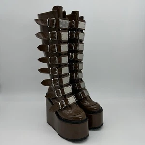DEMONIA SWING 815 DOLLS KILL PATENT TRINITY BOOTS BROWN MALT PLATFORM KNEE SZ 6 - Picture 1 of 15