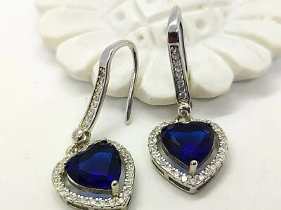 Orecchini Donna in Argento 925  con pave' zirconi bianchi CON pendente cuore BLU - Immagine 1 di 3