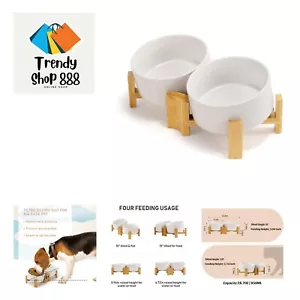 15° Slanted Ceramic Dog and Cat Bowl with Wooden Stand, Tilted Bulldog Food a... - Picture 1 of 8