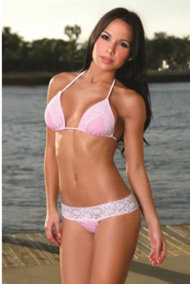 Baby Pink Scrunch Butt Bikini with white lace trim! Hot Miami Swimwear! NEW - Image 1 of 2