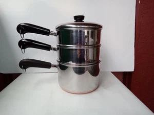 REVERE WARE COOKWARE COPPER 3 QT SAUCE POT, STEAM DBL BOILER STACKED 10" TALL - Picture 1 of 24