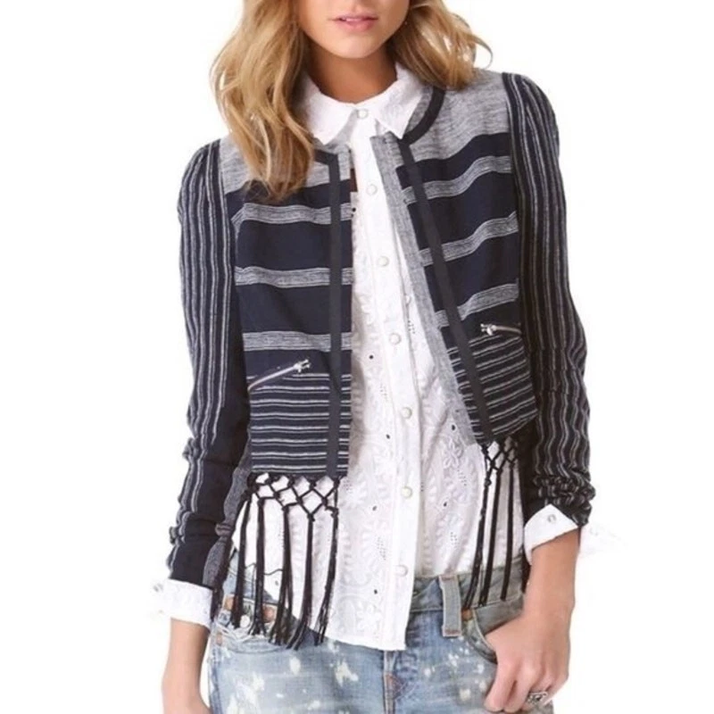 Chaqueta de noche a rayas Rebecca Minkoff para mujer talla 6 Emerson flecos mezcla de lino  Foto 1 de 4