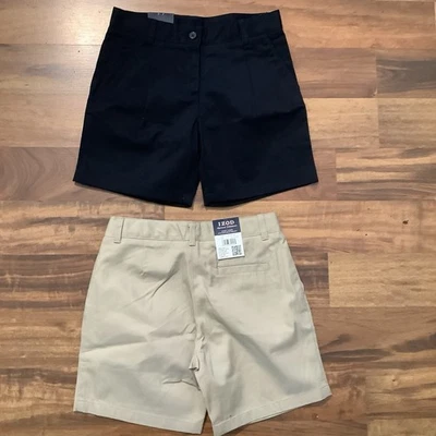 2 Pantalones Cortos Izod - Niñas Nuevo con Etiquetas Uniforme Escolar Azul Marino y Caqui Talla 12 Cintura Ajustable Bolsillos Foto 1 de 3