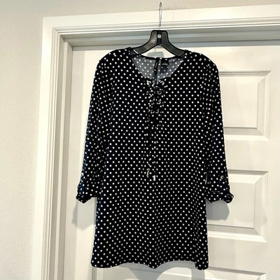 New Directions Women’s Size L Blouse Top Tunic Blue White Polka Dot Stretch - Image 1 of 4