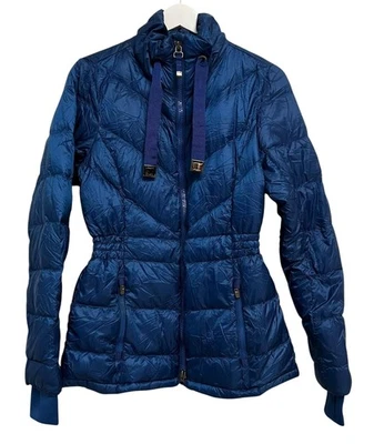 Athleta Down Puffer Jacket Womens Small Blue Quilted Funnel Neck Thumbholes - Image 1 of 4
