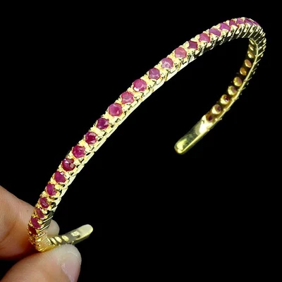 925 Sterling Silver Bangle Round Ruby 2mm Natural Gemstone Jewelry 6.2 Inches - Image 1 of 4