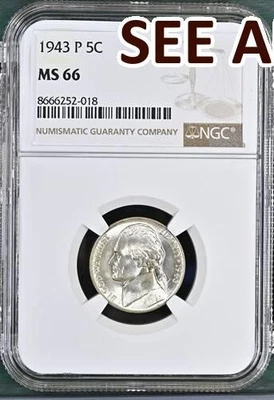 NobleSpirit 1943 P 5¢ Wartime Silver Jefferson Nickel NGC MS 66 - Image 1 of 2