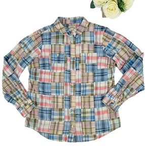 Vintage LL BEAN Button Front Top Women’s Small Madras Patchwork Roll Tab Sleeve - Picture 1 of 6
