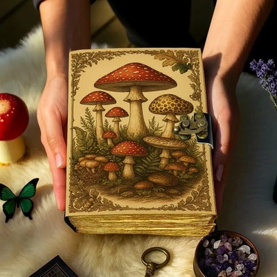 Handmade Leather Mushroom Journal Grimoire Book of Shadows Vintage Spell Book - Image 1 of 4