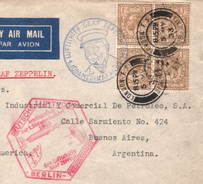 GRAF ZEPPELIN Treaty GB Air Mail 1933 Cover *1.SÜDAMERIKAFAHRT* Argentina KZ406 - Image 1 of 4