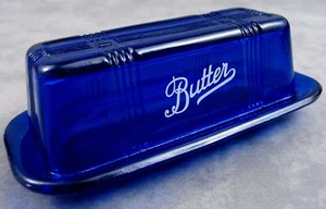 COBALT BLUE GLASS LIDDED BUTTER DISH for 1/4 lb. Stick - Picture 1 of 4