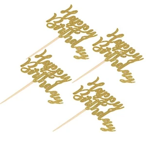 24 Gold Glittered Happy Birthday Cupcake Toppers Cake Decorations Party Supplies - Picture 1 of 8