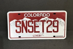 Colorado Vanity License Plate — LIVERY (LIMOUSINE) SNSET29 (SUNSET 29) EXCELLENT - Picture 1 of 23