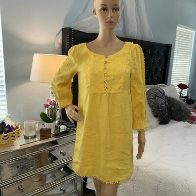 Vestido túnica amarillo bordado 100 % lino Juicy Couture talla 6 Foto 1 de 4