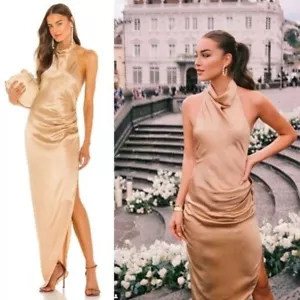 Amanda Uprichard | Abendkleid Seide hoher Neckholder Toffee Samba Größe L - Bild 1 von 12