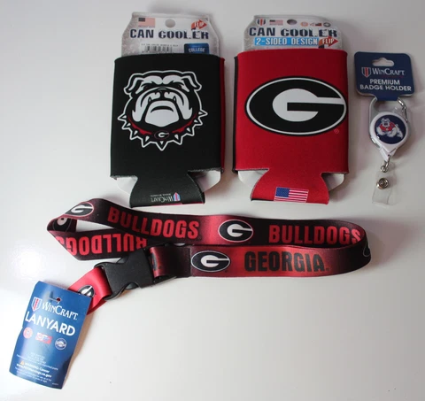 Georgia Bulldogs Lot of 4 Lanyard, ID Badge Reel, 2 Classic Can Coolers Cozies Cover