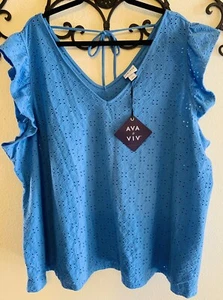 SOMMER TUNIKA PLUS 4X (28W/30W) BLAU ÖSEN V-AUSSCHNITT BLUSE TOP - Bild 1 von 4