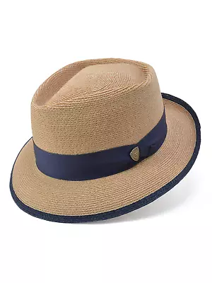 Dobbs The Lineup Hemp Straw Fedora Hat in Beige/Navy - Image 1 of 3