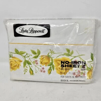 Vintage Lady Pepperell Full Flat Sheet Yellow Pink Floral Cotton Blend No Iron - Image 1 of 4