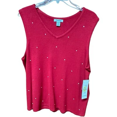 NOS Hampshire Studio XL Woman’s Jeweled Red Sweater Sleeveless XMAS New Winter - Imagem 1 de 4
