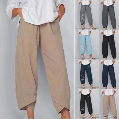 Women's Linen Cotton Harem Pants Soft Loose Cropped Trousers Baggy Pants Summer - image 1 of 4