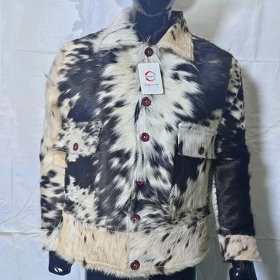 Men's Western Cowhide Fur Jacket Black White Patchwork Vintage Style Coat - Image 1 of 4