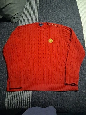 Suéter Chaps para mujer XL tejido con cable escudo rojo botones para hombros  Foto 1 de 4