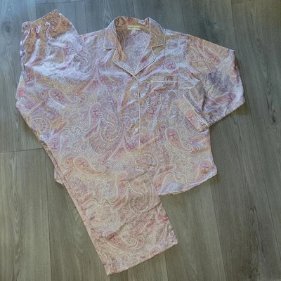 Miss Elaine Womens Paisley Print Satin Pajama Set M Pink & Cream Long Sleeve - Image 1 of 4