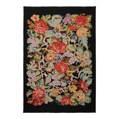 Шерстяной черный традиционный ковер с плоским плетением и цветочным узором ручной работы 6x9 - Изображение 1 из 4