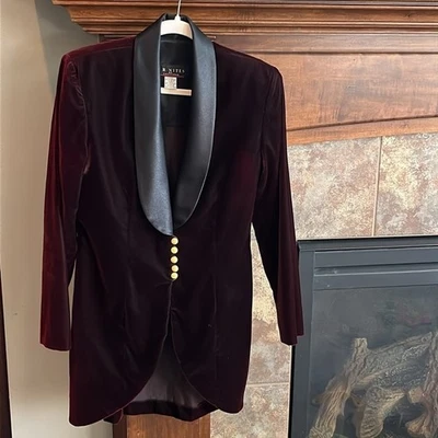 Глубокий красный бордовый бархат смокинг вечерняя куртка атласный воротник Whimsigoth 90-х 9/10 - Изображение 1 из 4