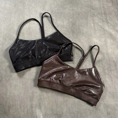 2x Lululemon Flow Y Ribbed Shine Nulu Light Radiate Foil Bra Size 6 Black Brown - Image 1 of 4