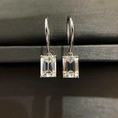 2Ct Emerald Lab Grown CVD Diamond Solitaire Hook Drop/Dangle Earrings 14k Gold - Image 1 of 4