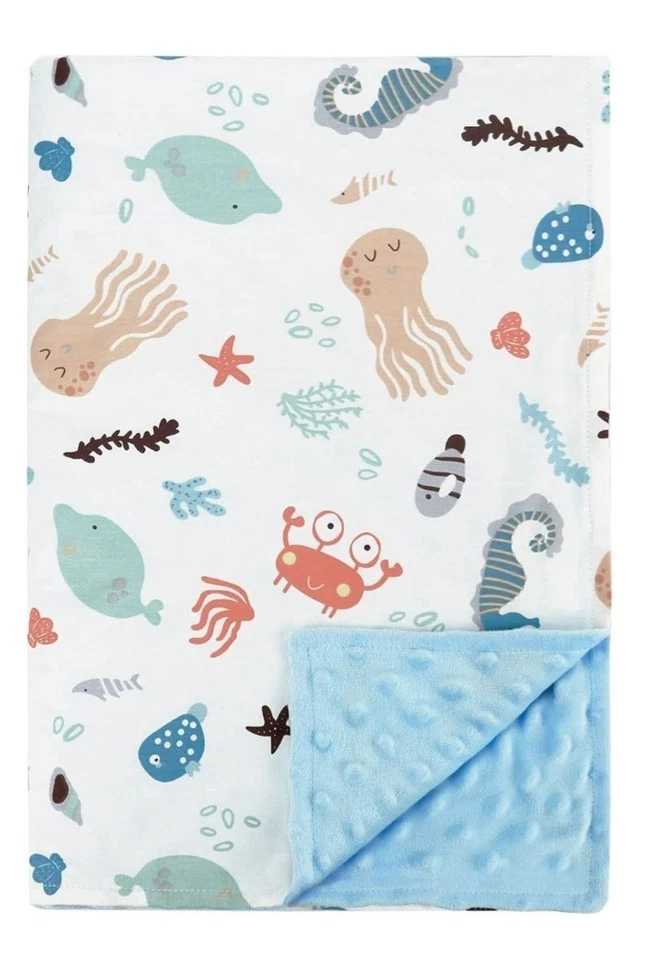 Sealife Ocean Theme Baby Blanket Octopus Dolphin Starfish Seahorse Minky Dot B77 — 第 1/4 张图片