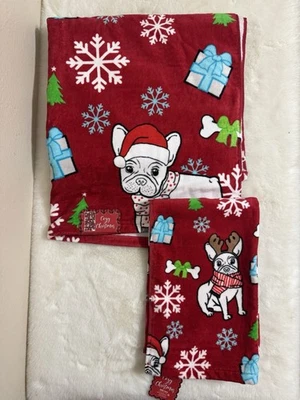 Navidad Bulldogs Franceses Papá Noel Sombreros Regalos Copos de Nieve Toalla de Baño y Toalla de Mano Foto 1 de 4