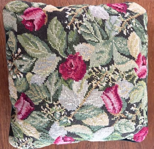 Vtg Floral Needlepoint Embroidery Pillow Pink Red Roses Green Velvet Back 12" - Picture 1 of 7