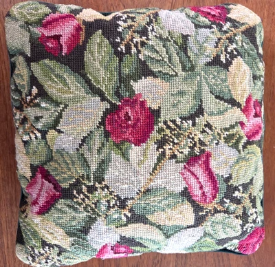 Vtg Floral Needlepoint Embroidery Pillow Pink Red Roses Green Velvet Back 12" - Image 1 of 4