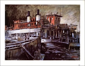 Imagen artística pastel de la costa marítima americana barco casa flotante impresión vintage 1984 - Imagen 1 de 3