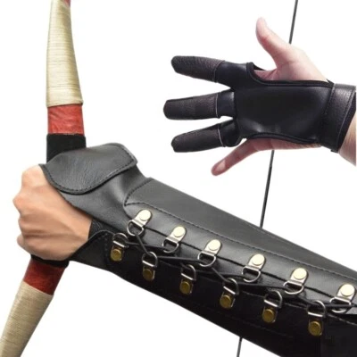 Traditional Longbow Archery Gloves+Arm Guards Leather Protector Shooting Gear - Image 1 of 4