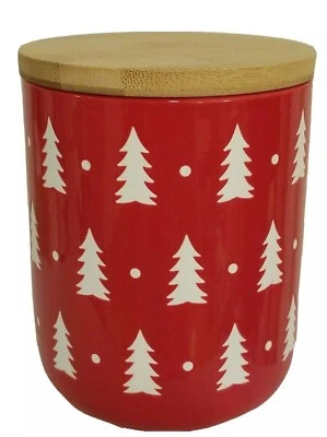 Signature Red Ceramic Christmas Tree Embossed Cookie Jar/Canister 6.5 " Lid New - Image 1 of 4