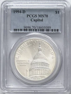 1994 D Capitol Silver Commemorative Dollar PCGS MS70 Classic Blue Label - Picture 1 of 2